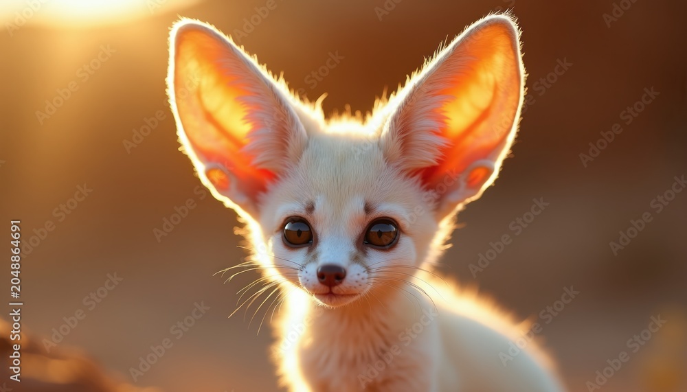 Fototapeta premium Small fennec fox with large ears looks at camera. Cute desert animal fur glows in warm sunset light. Fennec pup explores sandy terrain at dusk.