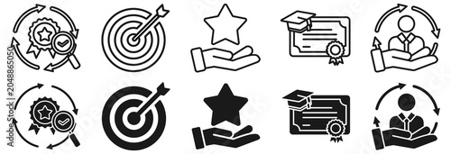 Asset manager icon set. Qualification and purpose symbol