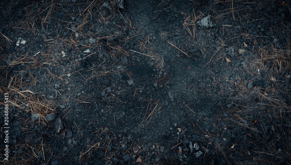 Fototapeta premium Scorched grass ashes scattered backdrop with copy space