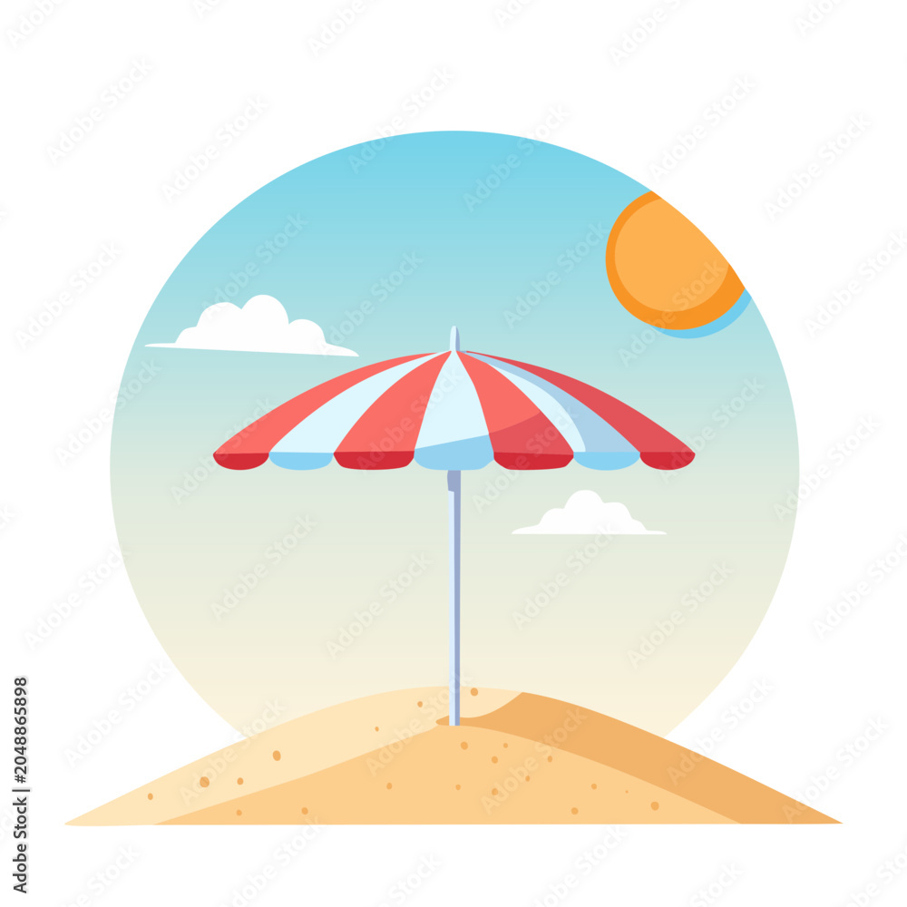 Fototapeta premium Summer beach umbrella on sand dune with sun and clouds