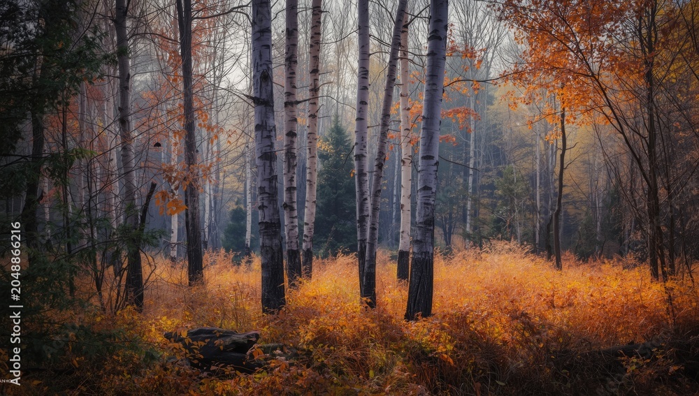 Fototapeta premium Picturesque fall landscape of a black and white birch tree group