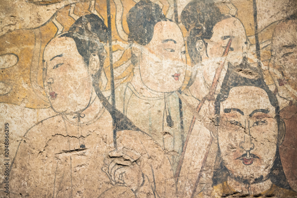 Fototapeta premium Taiyuan, China - May 8 2026: Vivid 6th-century tomb murals at the Taiyuan Beiqi Mural Museum depict the luxurious aristocratic lifestyle, grand processions, and rich cultural fusion of China's Norther