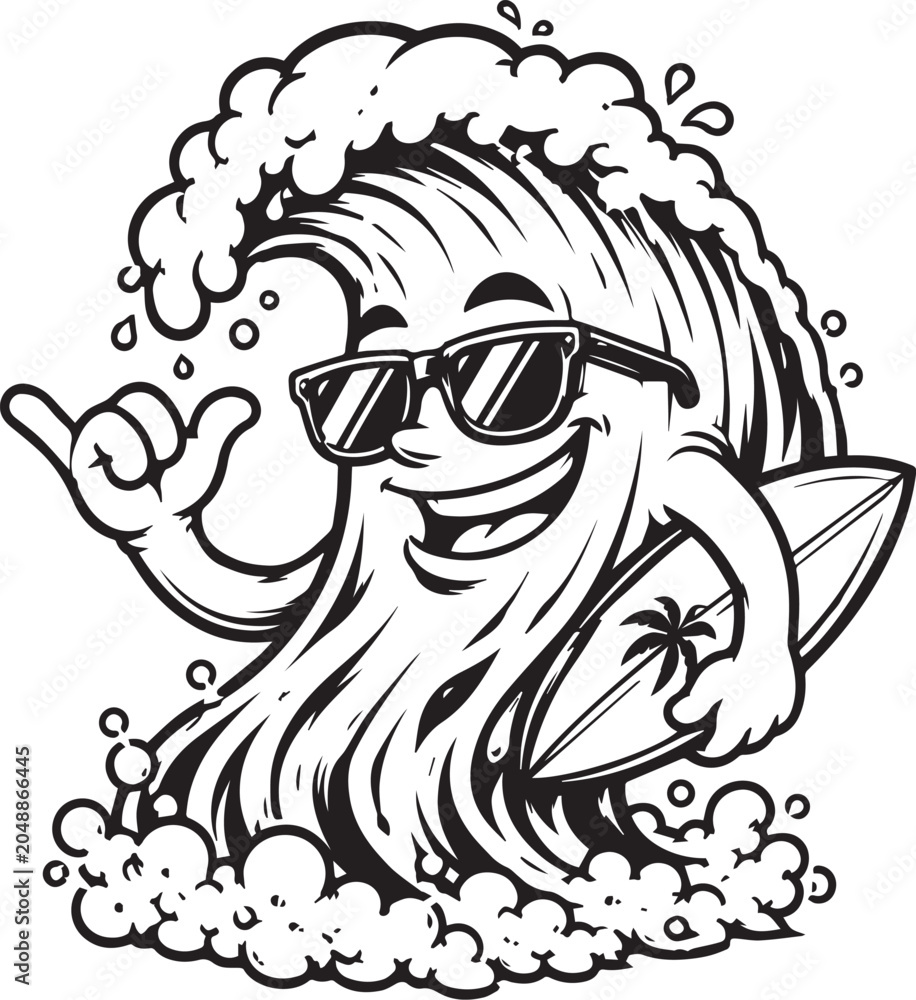Fototapeta premium Cool ocean wave surfer character wearing sunglasses and holding surf board vector illustration