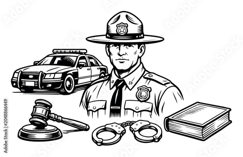 Police officer with badge and hat, patrol car, gavel, handcuffs, and law book representing law enforcement and order