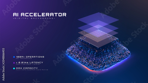Canvastavla Abstract digital technology background with a 3D glowing AI accelerator chip, showing a future smart computing concept and deep learning network