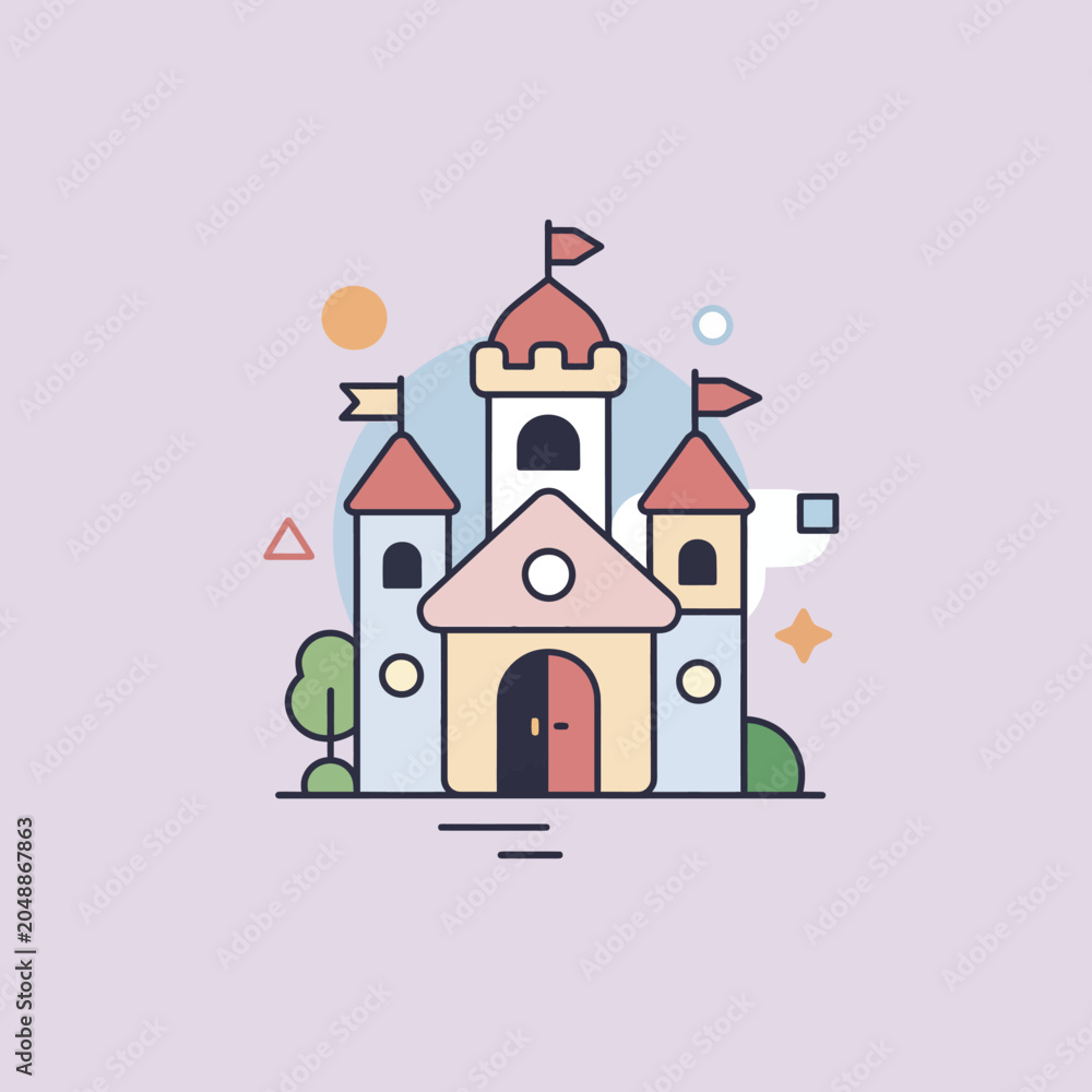 Fototapeta premium A colorful illustration of a cartoon castle with flags and decorative elements