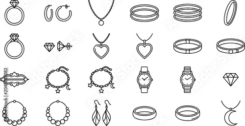 Fotografie Luxury jewelry and accessories line art icons set featuring diamond rings earrings necklaces watches bracelets and fashion ornaments