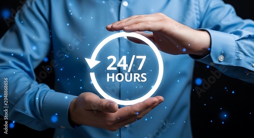 Man's hands holding a glowing white 24/7 hours circular with arrow symbol