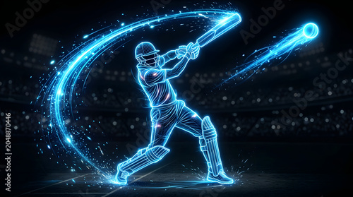 Neon glowing wireframe cricket batsman hitting a shot