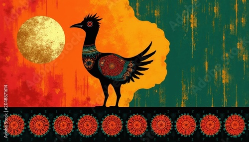 Minimalist black bird with ornate patterns stands against vibrant African inspired backdrop. Golden sun near bird, patterned border below art.