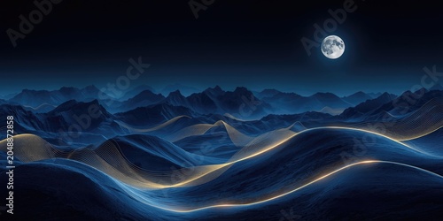 Luxury blue and gold mountain backdrop featuring wavy gold lines and moon for wall art and banners