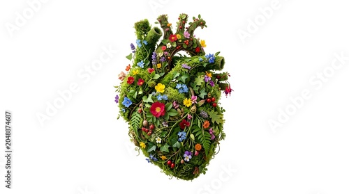 Vibrant anatomical heart sculpture made of lush green moss and colorful flowers representing growth and nature's vitality concept on white backdrop
