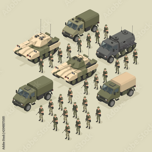 Fotografie Isometric illustration of military vehicles and soldiers on a neutral background