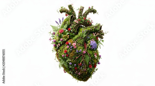 A heart made of living plants and flowers, symbolizing nature's vitality and organic growth