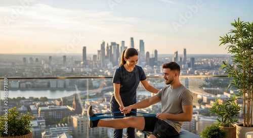 Focused Young Man Training with Therapist on Rooftop Terrace with City Skyline