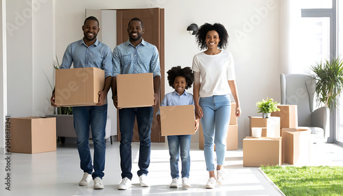 Happy African American family carrying moving boxes into new home, conveying relocation, new beginnings, and homeownership joy.