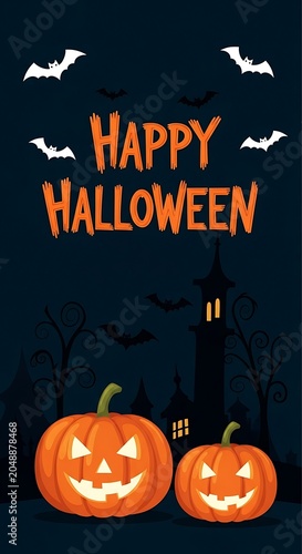 Happy halloween illustration with jack o' lanterns bats and spooky castle