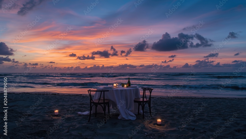 Fototapeta premium Table set for two on beach under colorful evening sky
