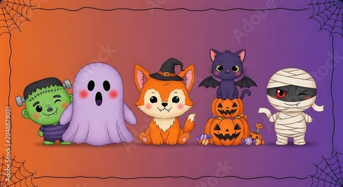 Cute halloween characters cartoon ghost frankenstein fox cat and mummy