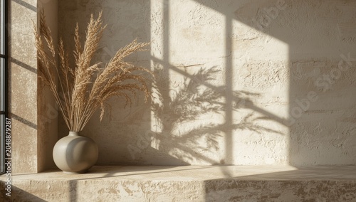 Sunlit minimalist dÃ©cor showcasing a dry plant arrangement on a ledge with rich wall texture