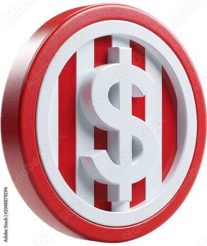3D Render of Red and White Dollar Sign Coin with Striped Background