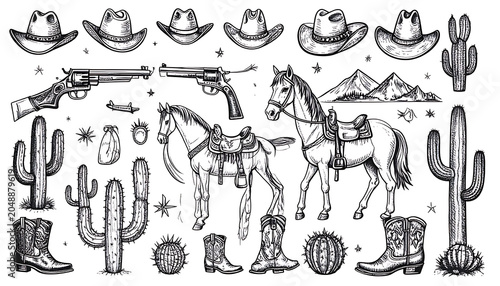 Western cowboy elements, cowboy hat, boots, horse, cactus, pistol, cowboy silhouette set, vintage hand drawn style