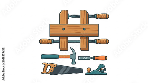 Foto Woodworking Tools Collection Including Vise Saw Hammer Chisel.