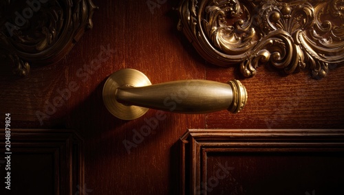 Traditional golden door handle set in detailed wooden surface with baroque motifs