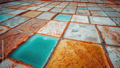 View from above of longstanding family salt ponds with distinctive mineral coloration and structure