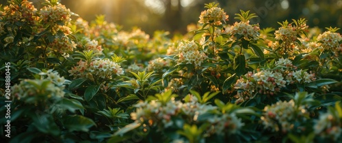 Lush springtime greenery showcasing blooming floral clusters and vibrant foliage