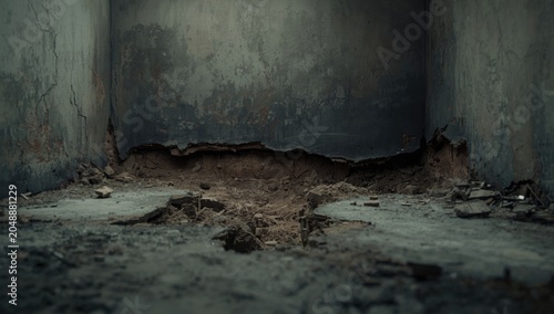 Inspection scene with water damage revealing weak foundation and unstable soil conditions