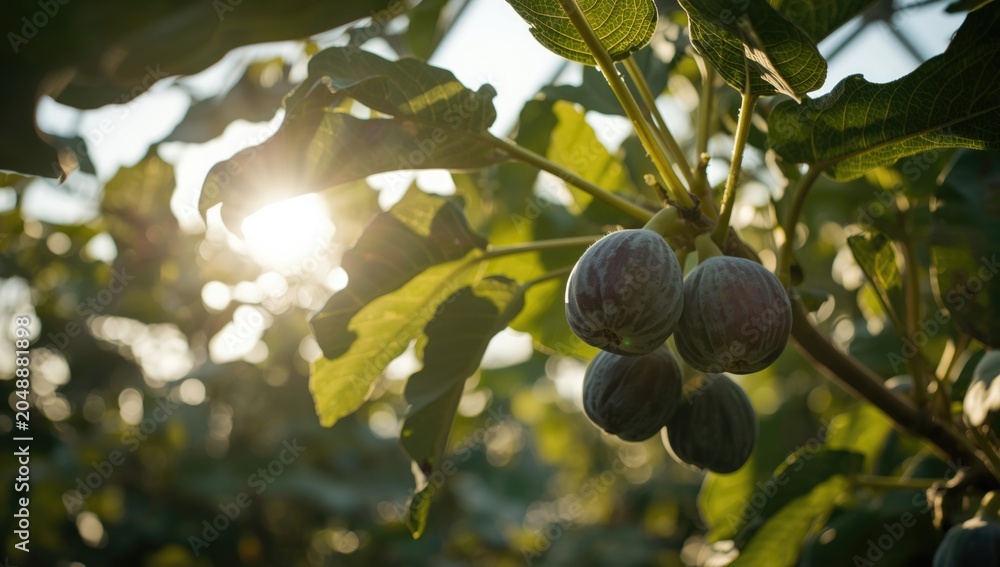 Fototapeta premium Sunlit greenhouse showing mature figs on a tree branch with copy space