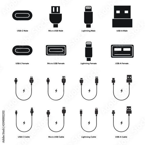 Universal usb type c micro and lightning connector cable icons for data transfer.