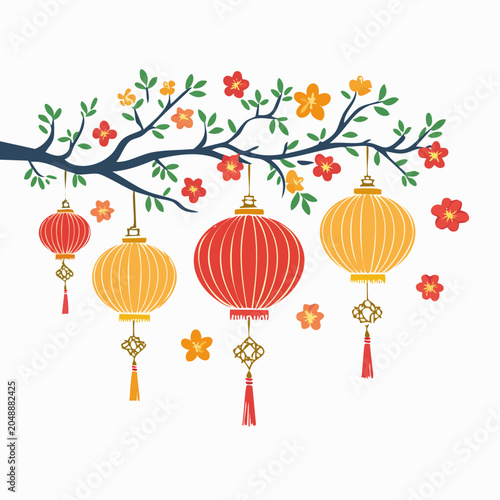 Chinese Lanterns and Cherry Blossoms Illustration
