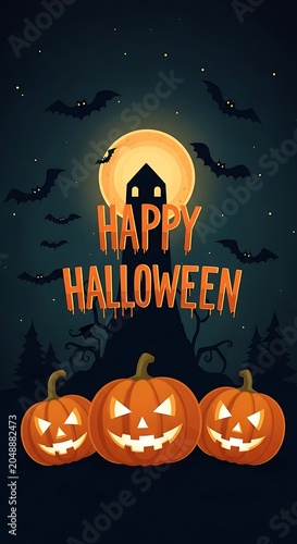 Happy halloween illustration jack o' lanterns bats and haunted house design