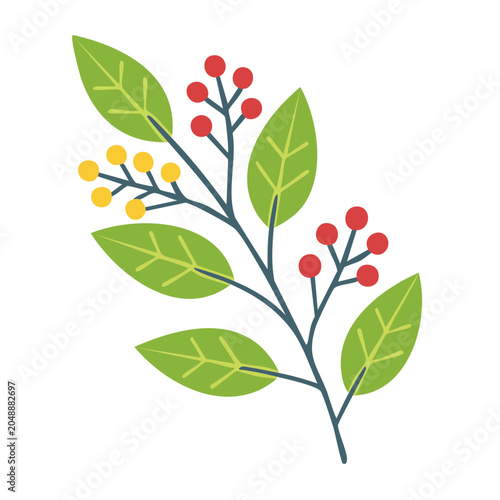 Flat design illustration of a berry branch with leaves