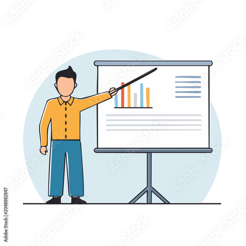 Man presenting a bar chart on a whiteboard