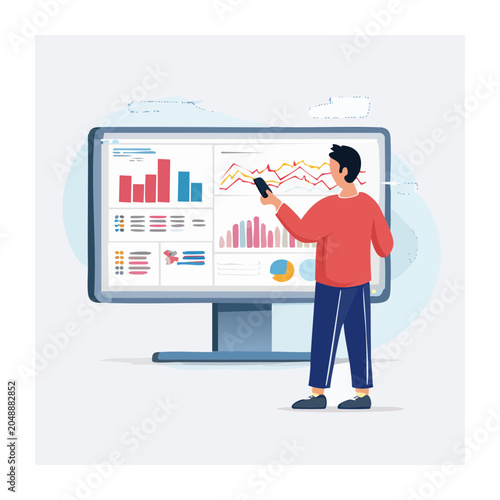 Man analyzing data on screen with phone