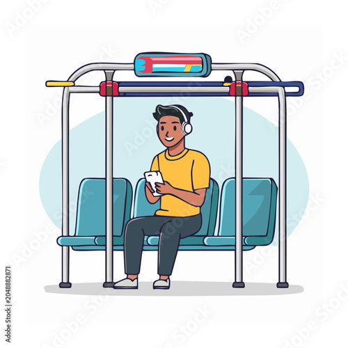 Man with headphones using smartphone at bus stop