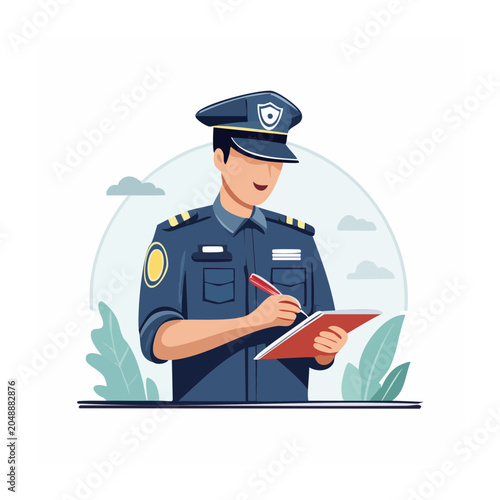 Police officer in uniform writing on a notepad