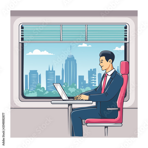Man working on laptop in train with cityscape view