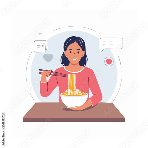 Woman eating noodles with chopsticks, flat design illustration