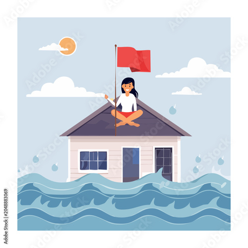 Woman on flooded house roof with red flag