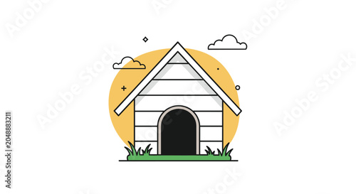 Classic white dog house with a black entrance sitting on a patch of green grass with a sunny backdrop and clouds.