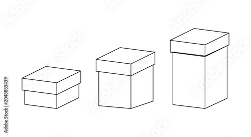 Minimalist Isometric Packaging Box Set of Three Increasing Size Cubes, Clean Outline Shipping Container Illustration, Storage Parcel and Cardboard Boxes Collection, Modern Linear Vector Design 
