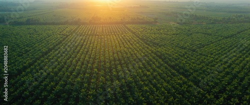 Morning aerial imagery of palm oil plantations showing structured rows and copy space