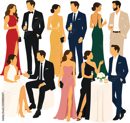 Elegant Evening Gathering: A stylish assembly of elegantly dressed men and women, enjoying a sophisticated cocktail party. Their attire denotes formal wear.