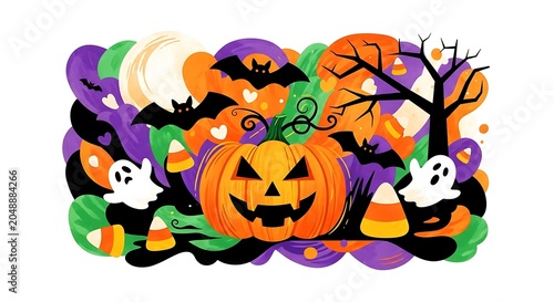 Festive halloween illustration jack o' lantern ghosts bats and candy corn