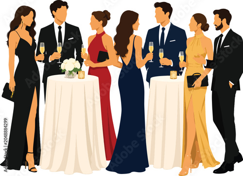 Elegant Soiree: A sophisticated gathering of elegantly dressed men and women mingling at a formal event, holding champagne flutes and enjoying the luxurious atmosphere.