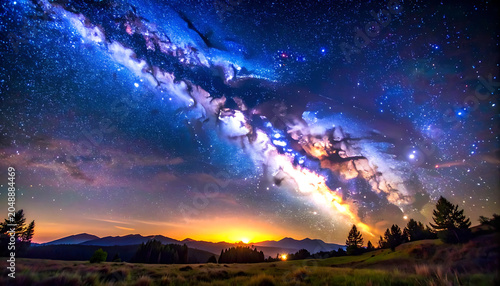 Vibrant milky way galaxy stretching across a twilight sky, overlooking a silhouetted landscape with rolling hills and distant city lights, cosmic beauty and vastness